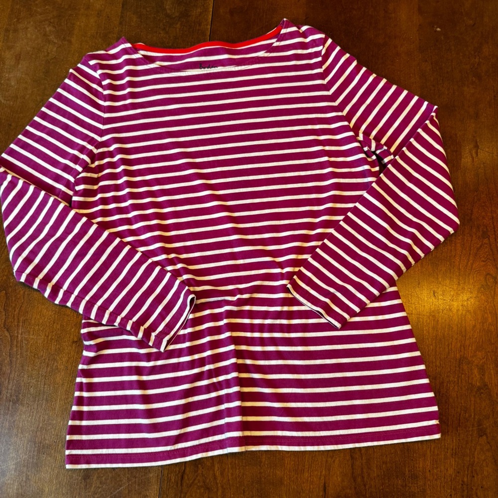 Boden Top Women 12 Purple Great Breton Stripe Long Sleeve Boat Neck Cotton Shirt